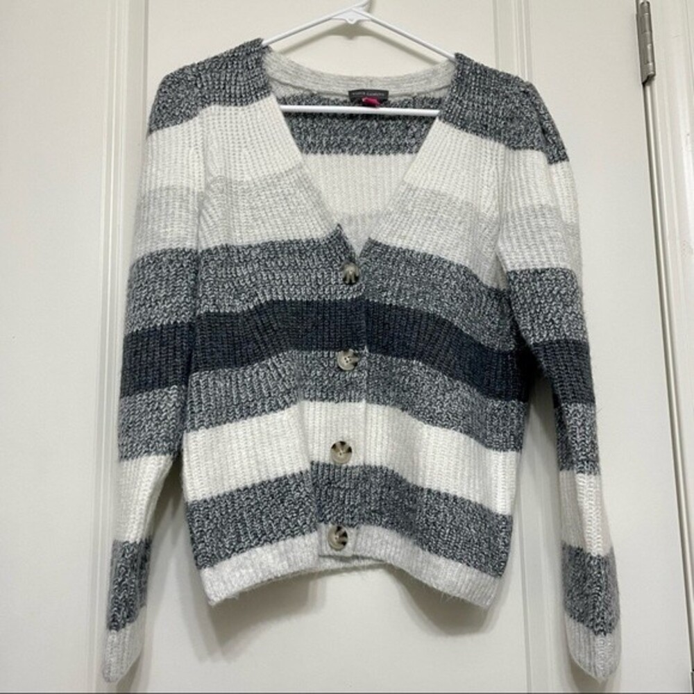 Striped V-Neck Button Cardigan Sweater - Gray & White